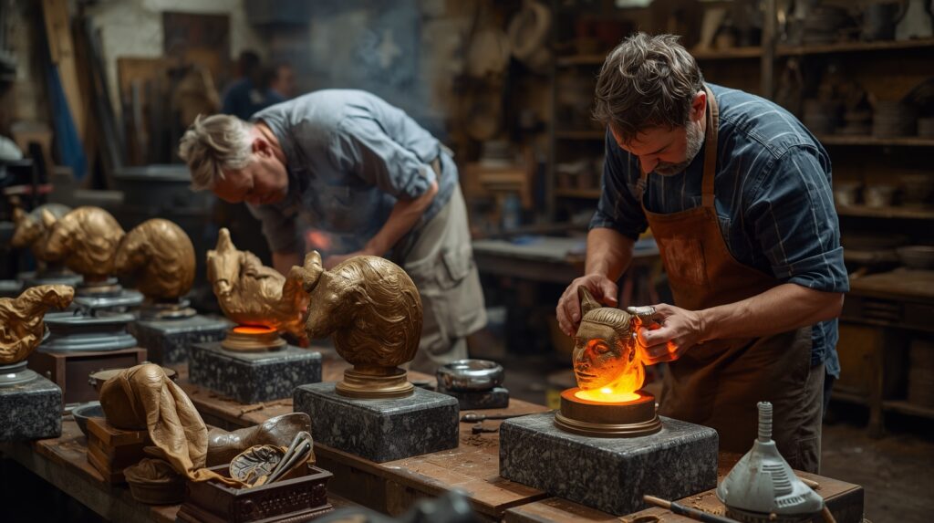 Artisans crafting a bronze headstone in a workshop