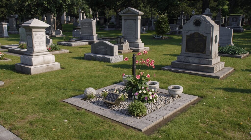 Cemetery showing both burial plots and cremation memorial options