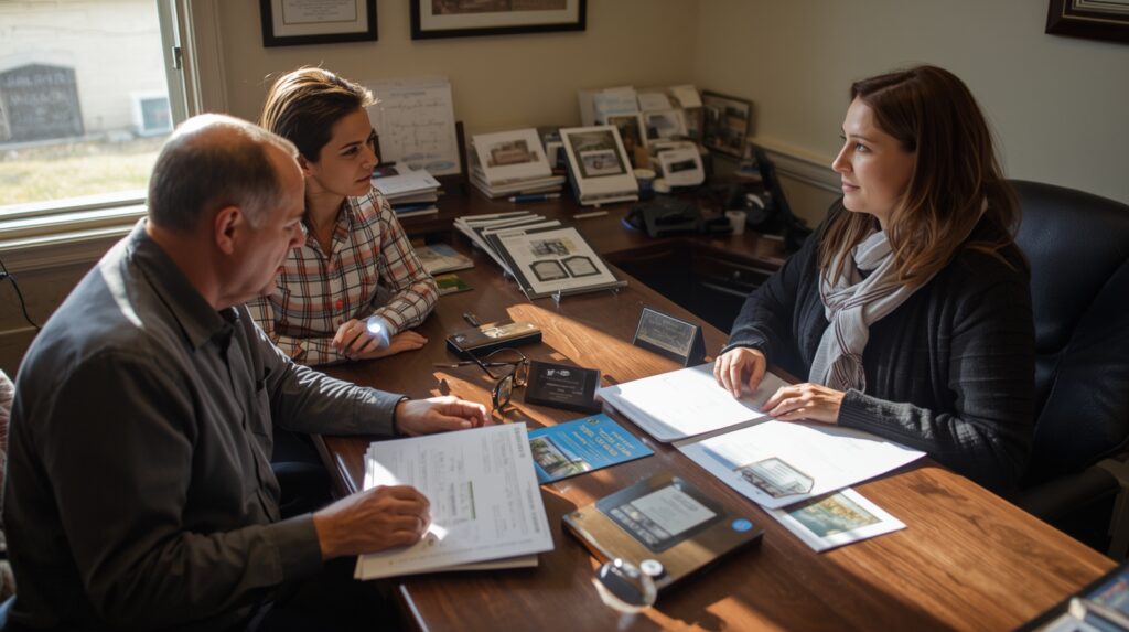 Family reviewing grave marker options with cemetery staff