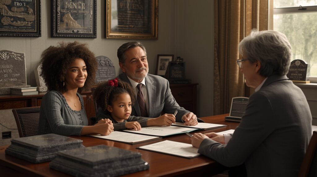 Family consulting cemetery manager about grave marker policies