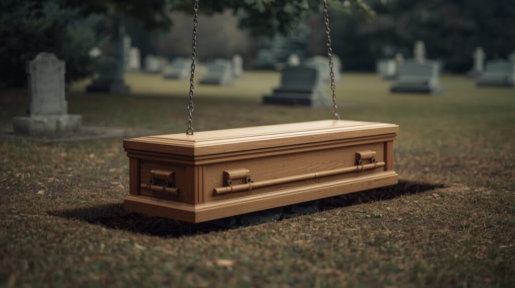 Simple direct burial with a basic wooden casket