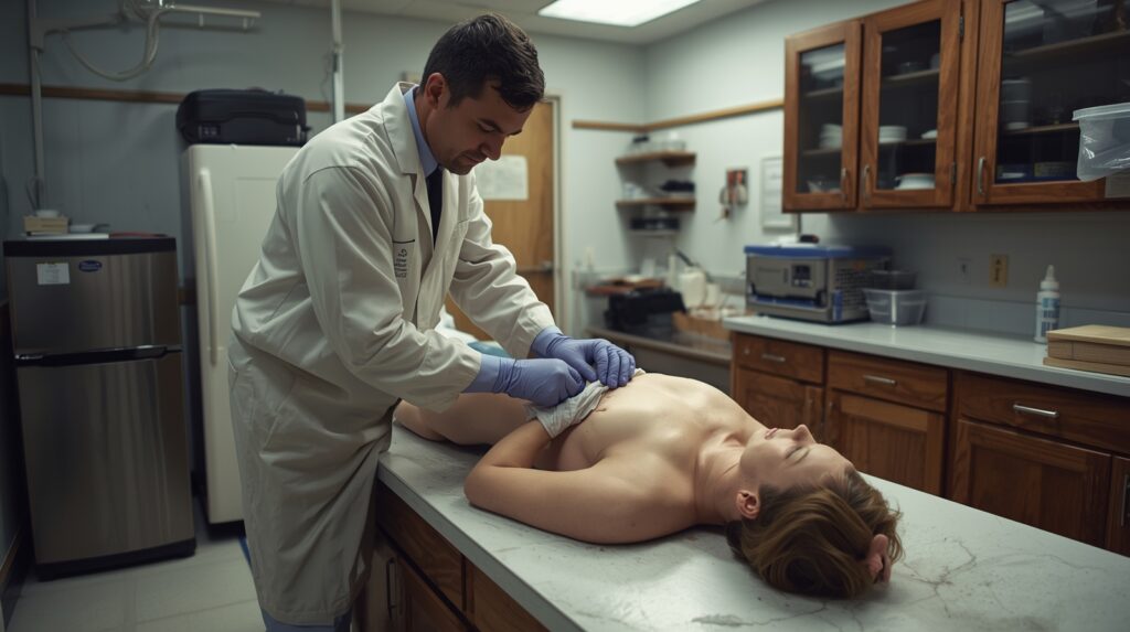 Embalmer performing embalming in a professional funeral home setting