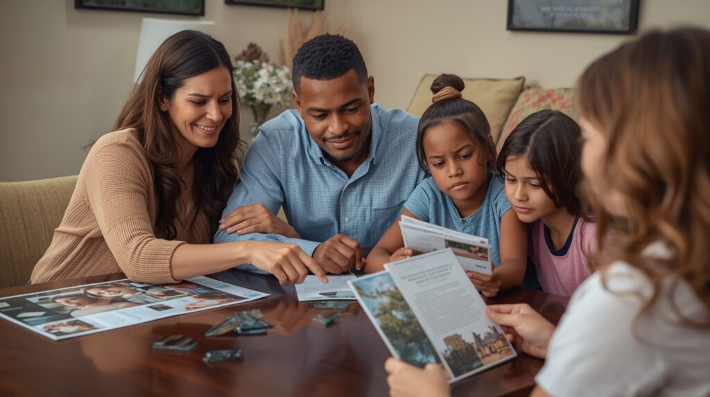 Family consulting a memorial advisor about headstone choices