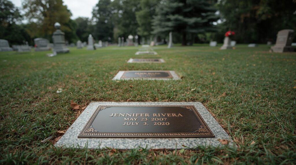 Flush bronze-on-granite grave markers in a cemetery
