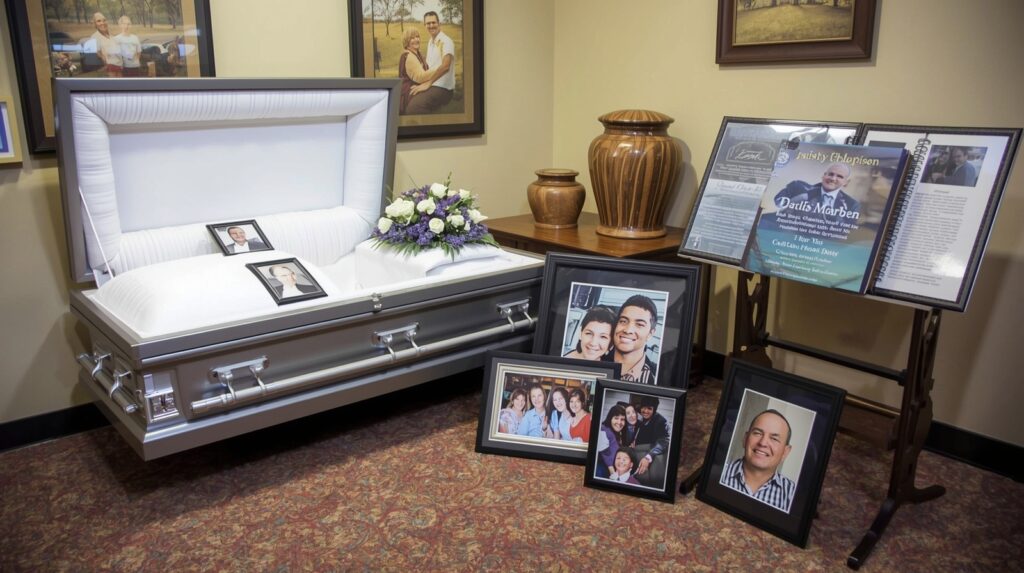 Display of funeral alternatives including cremation urns and memorial photos