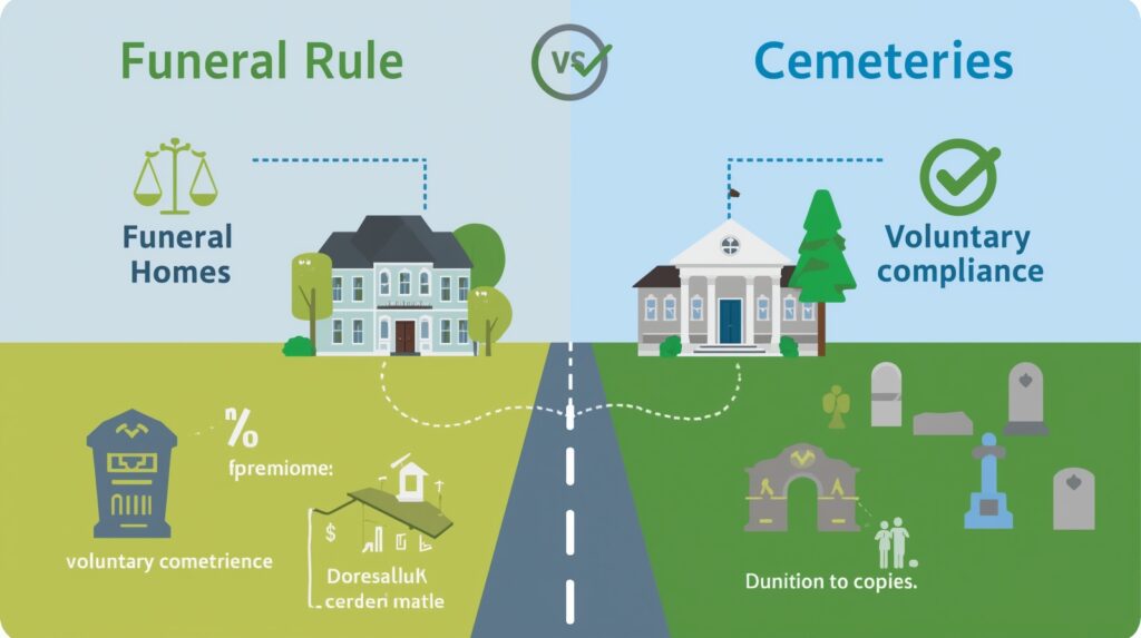 Illustration comparing funeral home legal coverage of the Funeral Rule vs cemetery voluntary compliance