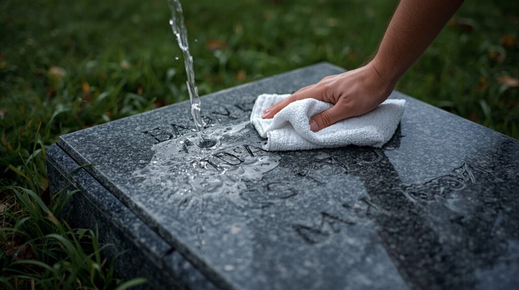 Cleaning a granite grave marker with water and cloth