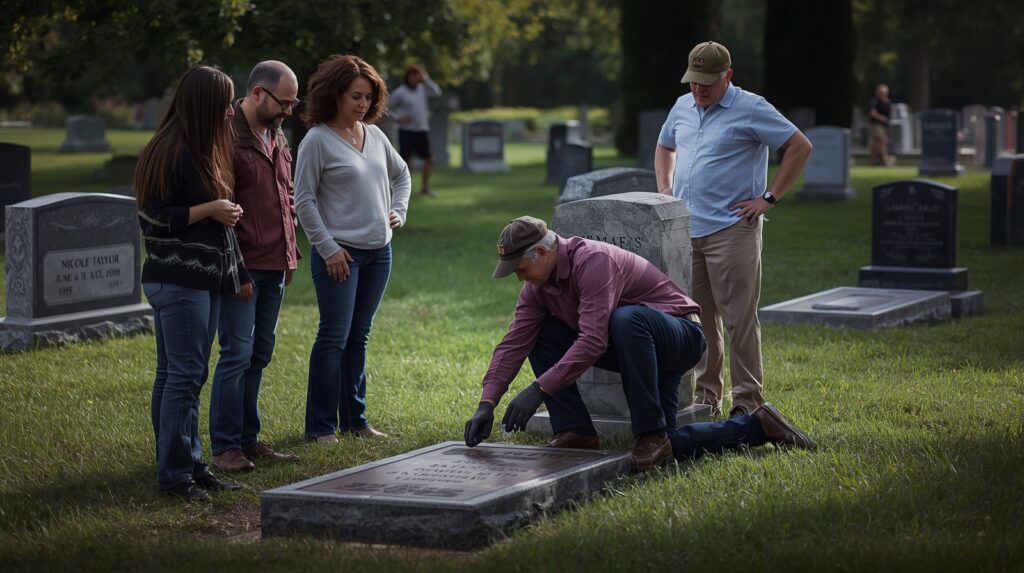 Family watching headstone installation at a cemetery