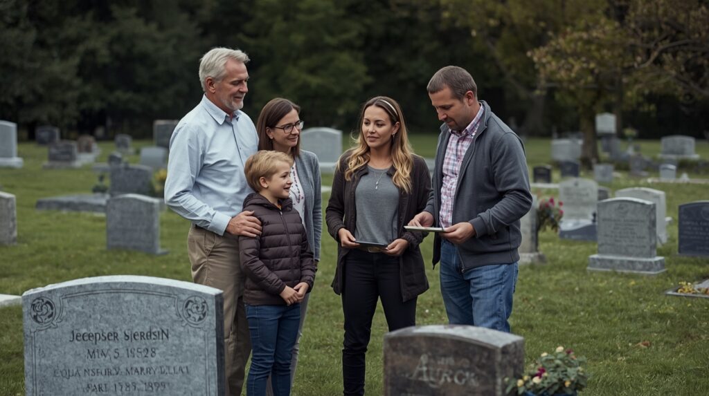 Family reviewing grave marker installation options with cemetery staff