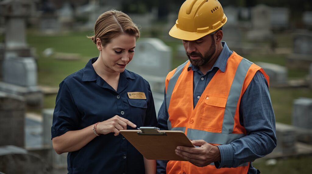 Contractor reviewing cemetery installation requirements with staff