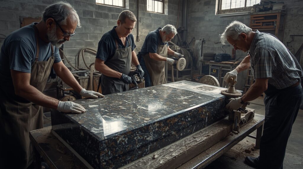 Granite headstone being cut and polished in a professional workshop