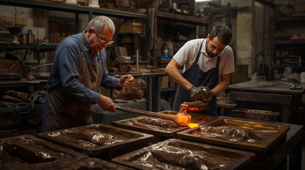 Bronze headstone plate being molded and finished by artisans