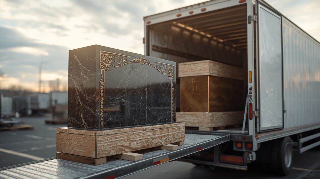 Finished headstones being prepared for shipment to a cemetery