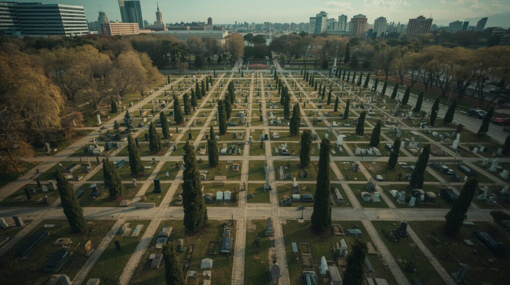 Large cemetery located within an urban area