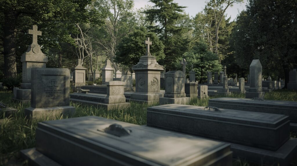 Traditional cemetery grave markers with simple and lawful designs