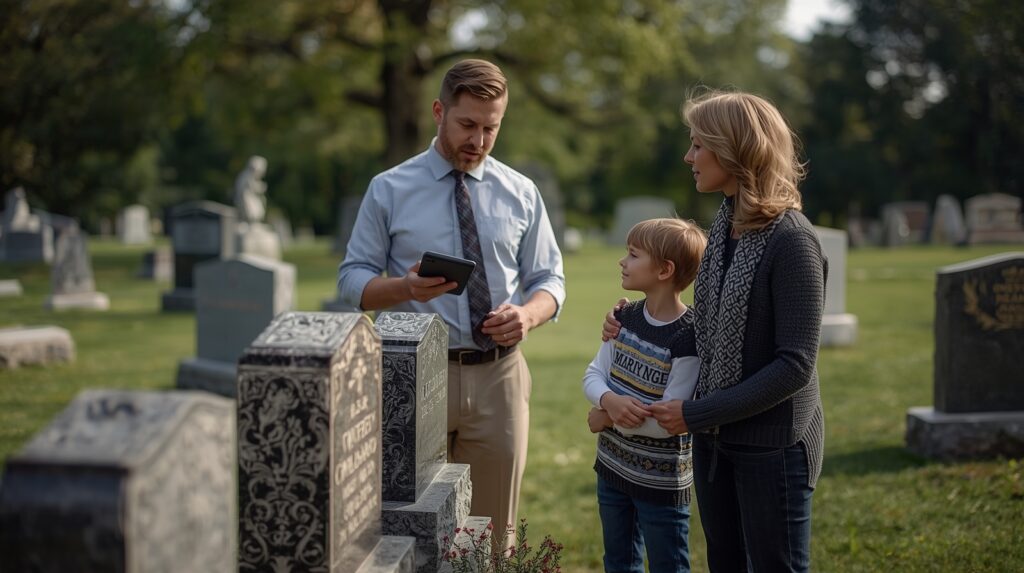 Family discussing headstone purchase at Maryland cemetery office