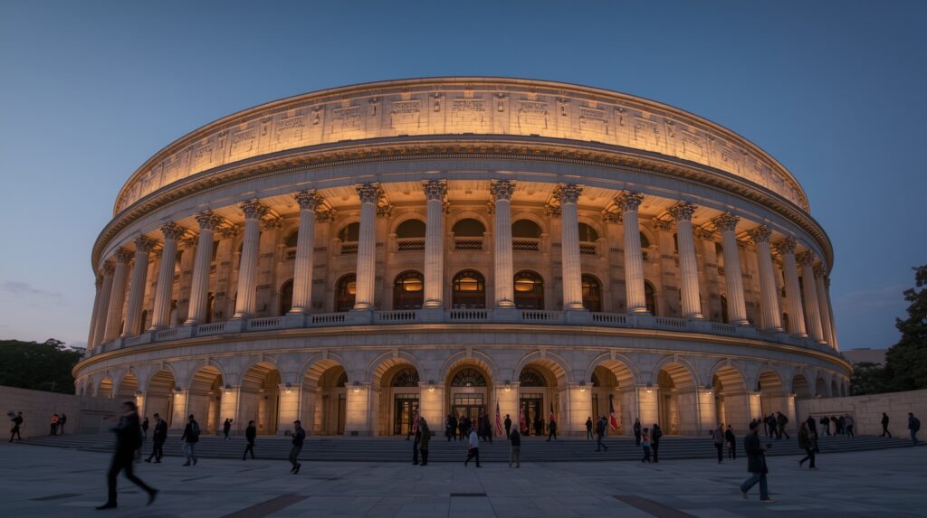 Exterior view of a U.S. memorial building with visitors and commemorative plaques