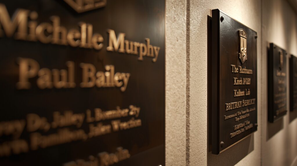 Close-up of bronze plaques honoring veterans at a memorial building