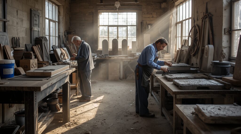 Artisans working on granite headstones in a workshop